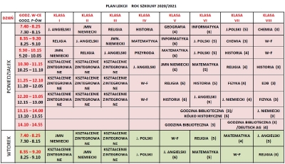 Plan lekcji rok szkolny 2020-2021