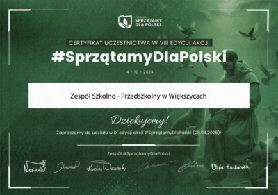 Podziękowanie za udział w akcji Sprzątamy dla Polski